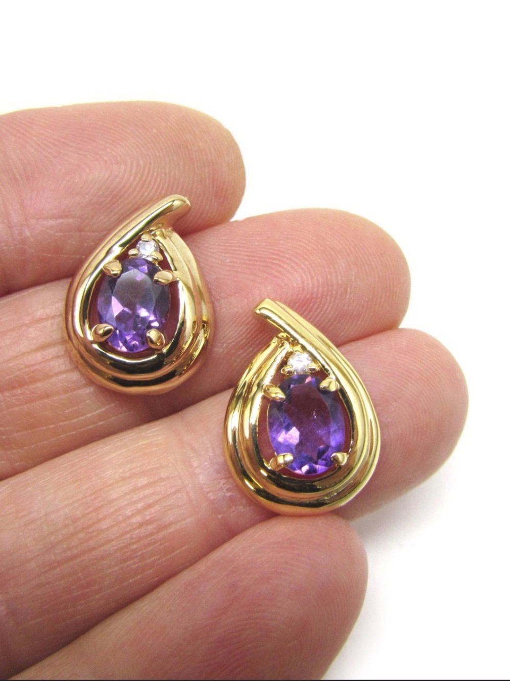 Gold Teardrop genuine Amethyst Stud Earrings - Purple Fashion Jewelry